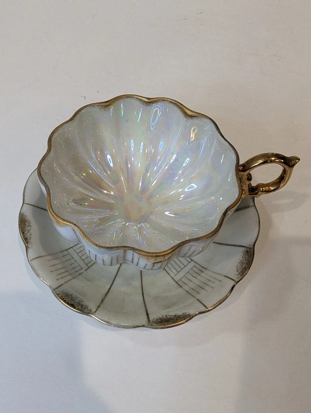 Vintage Royal Sealy Japan Iridescent Scalloped Teacup And Saucer Gold Accents
